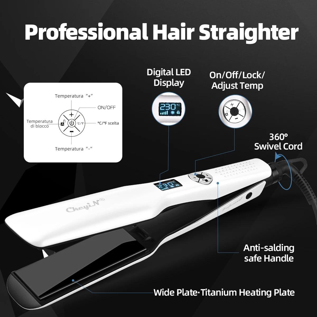 CKEYIN 44mm Tourmaline Ceramic Hair Straightener