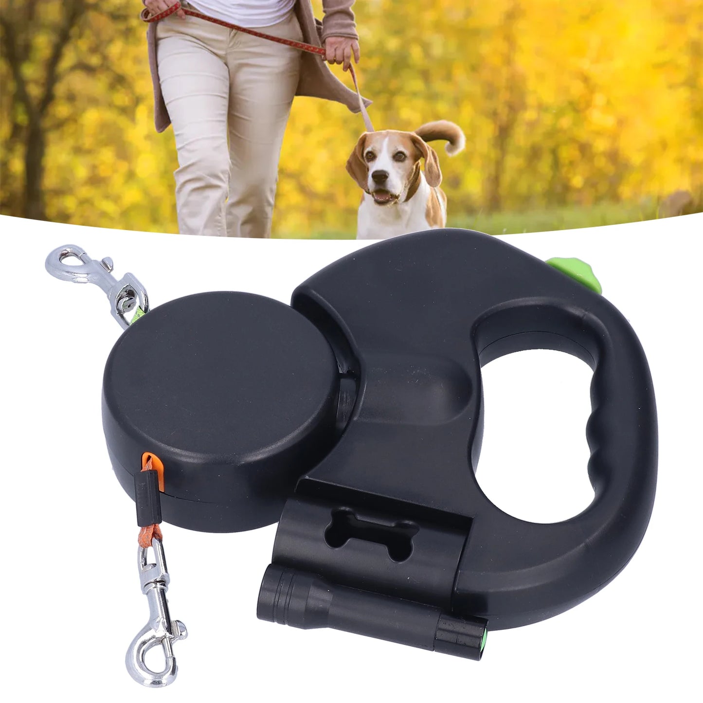 Double Retractable Pet Leash Automatic with Flashlight and Bag Dispenser